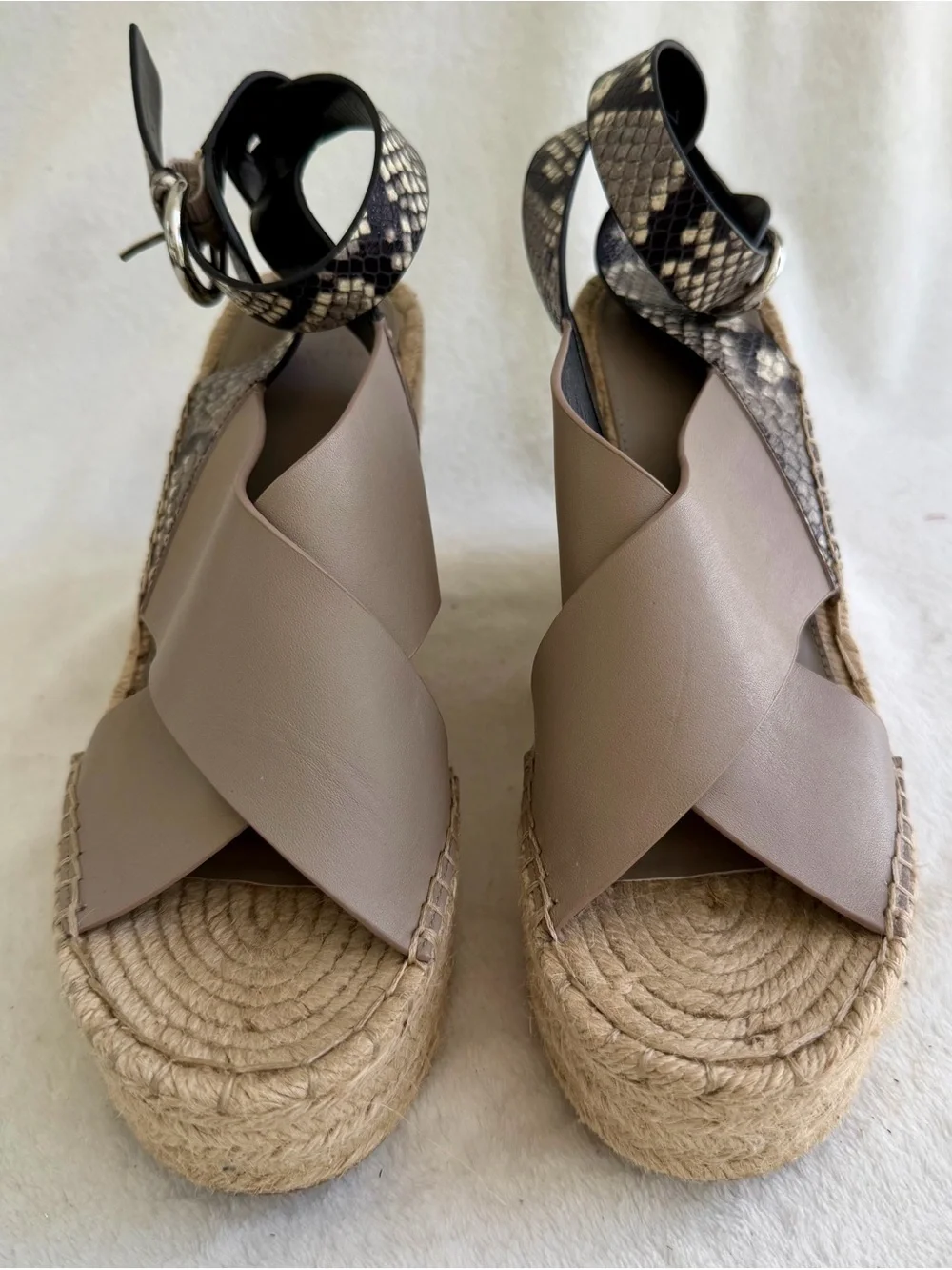 Marc Fisher Abacia Taupe Snakeskin Print Leather Platform Jute Wedge Heels 9.5